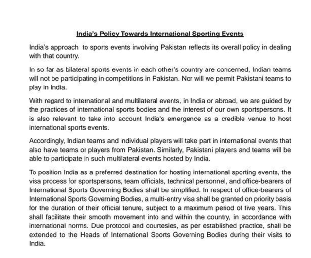 India’s Sports Ministry Stands Firm: No Bilateral Matches with Pakistan..!