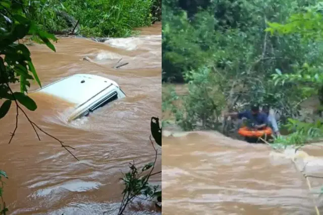 ಭೀಕರ ಪ್ರವಾಹಕ್ಕೆ ನದಿಯಲ್ಲಿ  ಕೊಚ್ಚಿ ಹೋದ ಕಾರು; ಮೂವರು ನಾಪತ್ತೆ..!