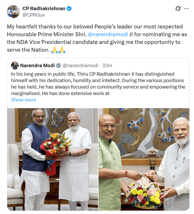 Maharashtra Governor CP Radhakrishnan Thanks Prime Minister Modi for Vice-Presidential Nomination